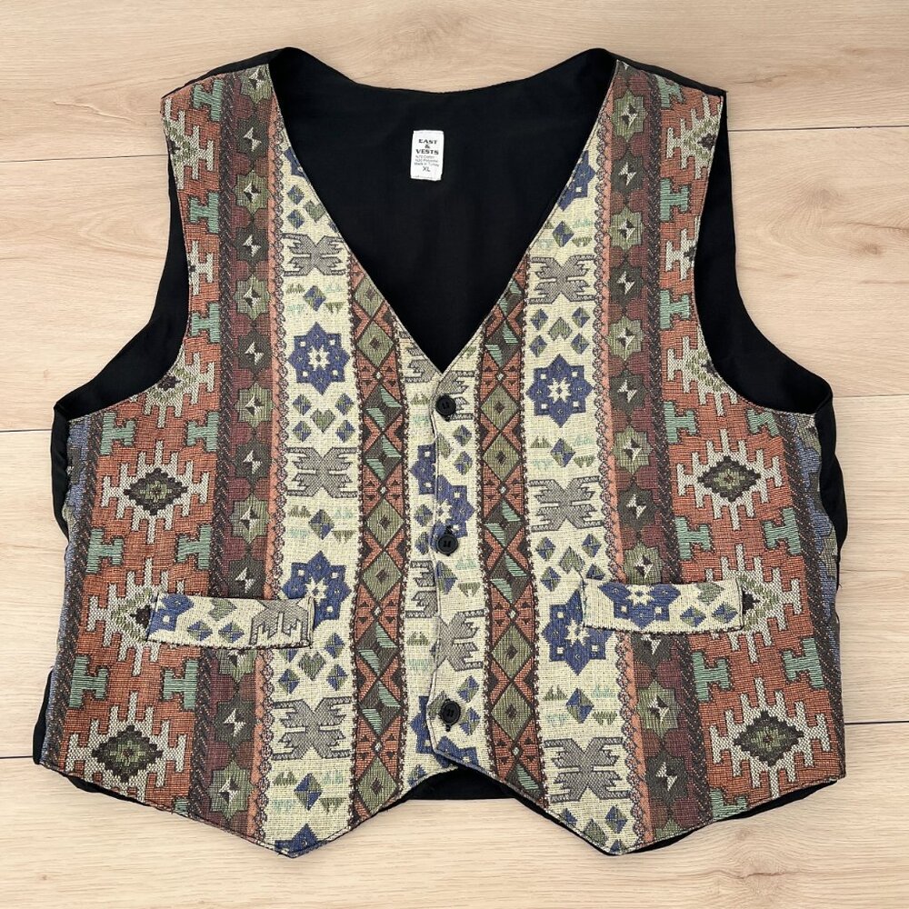 Vintage 90s Tapestry Waistcoat Vest Aztec Southwestern Tribal Pattern Men's XL - Picture 2 of 16